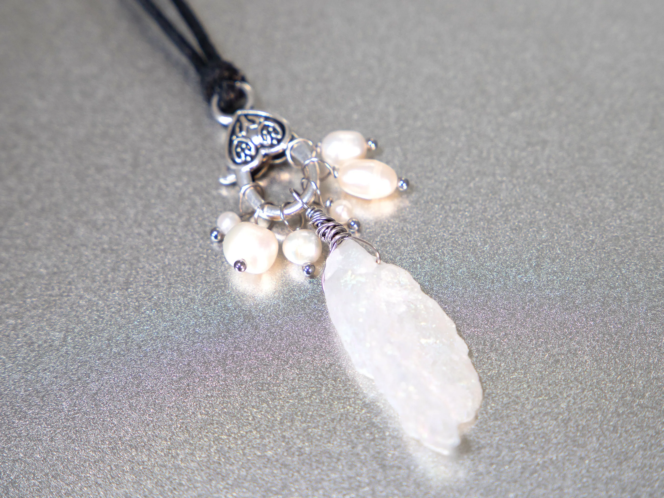 . Quartz Crystal Charm Necklace with a cluster of White Pearls birthday gift, gift for her