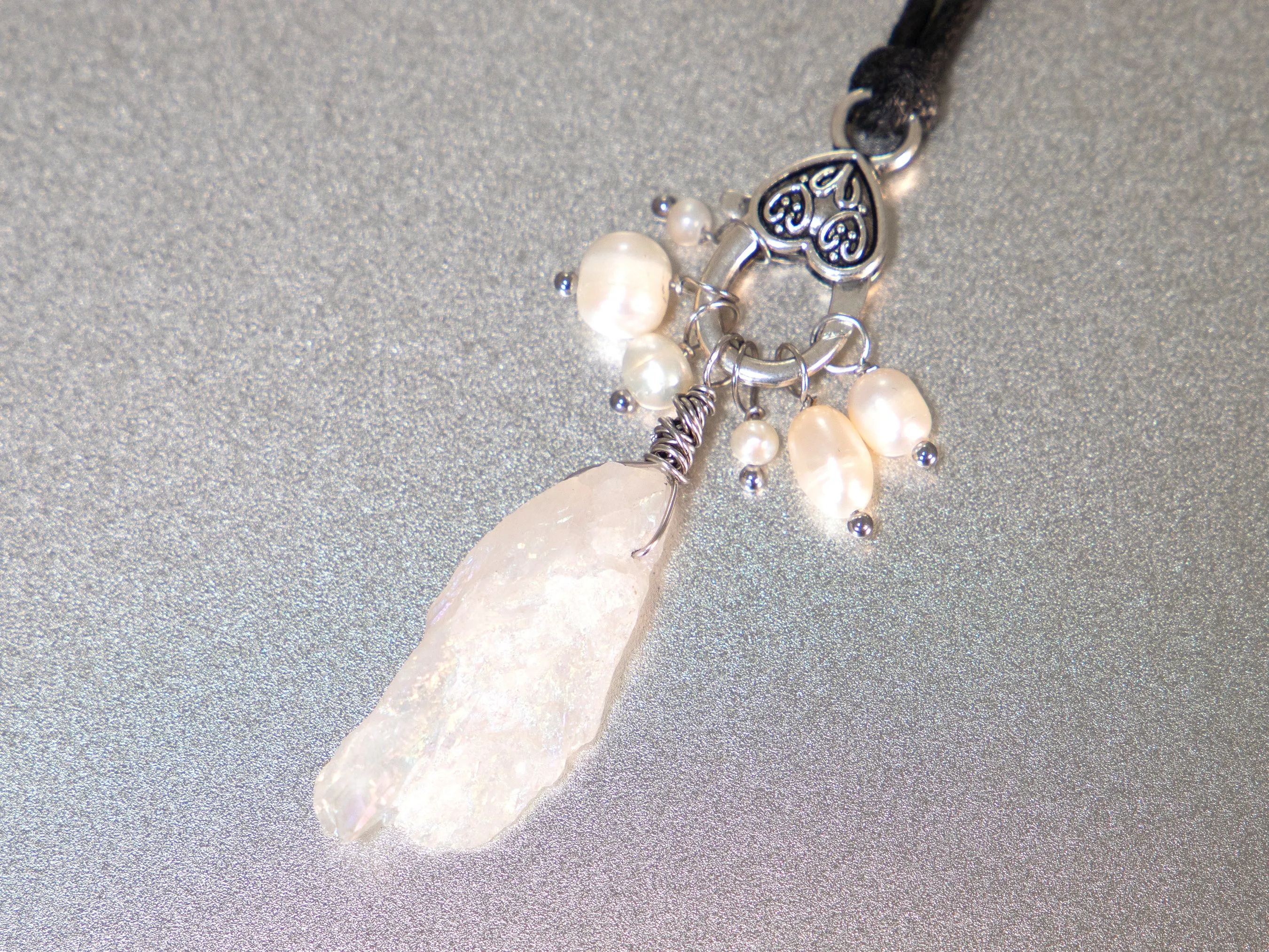 . Quartz Crystal Charm Necklace with a cluster of White Pearls birthday gift, gift for her