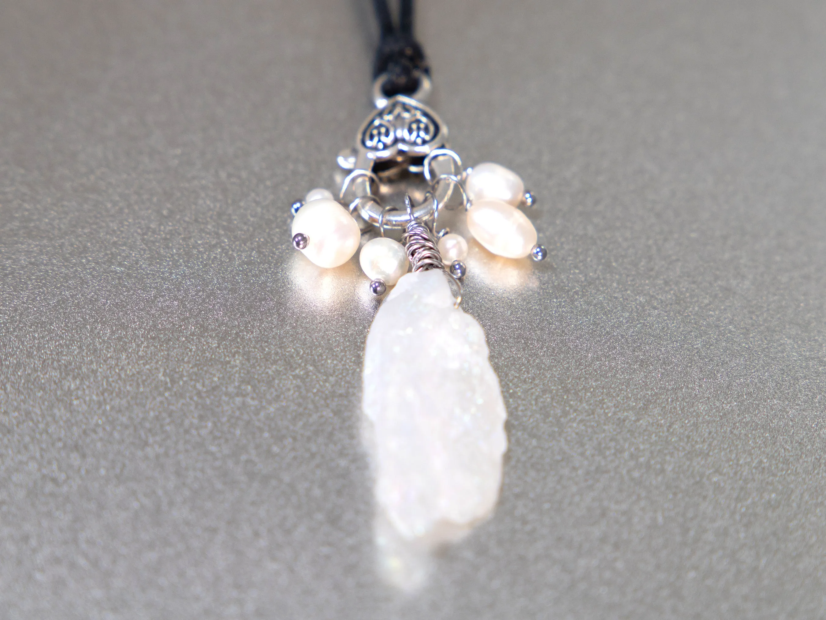 . Quartz Crystal Charm Necklace with a cluster of White Pearls birthday gift, gift for her