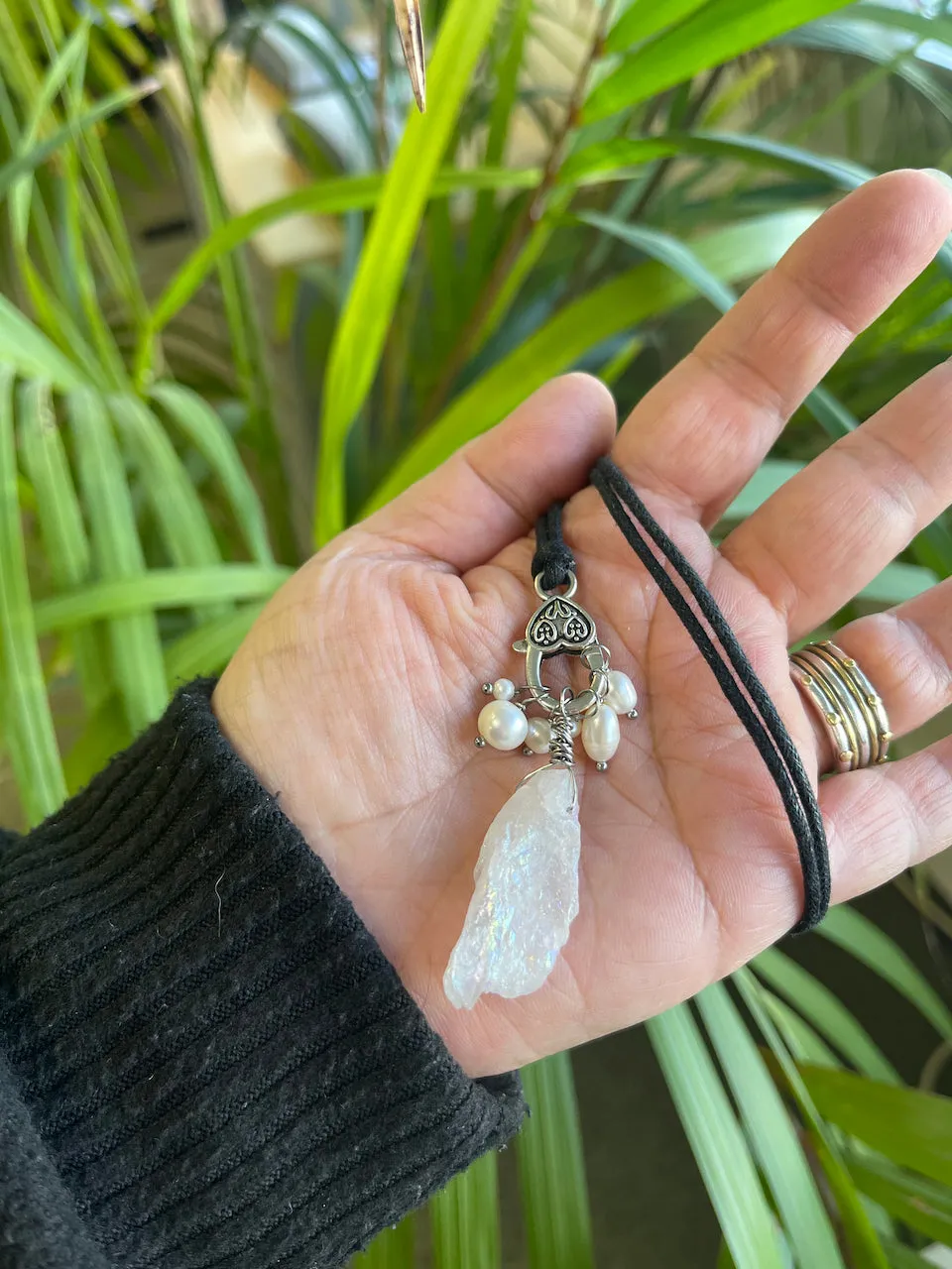 . Quartz Crystal Charm Necklace with a cluster of White Pearls birthday gift, gift for her