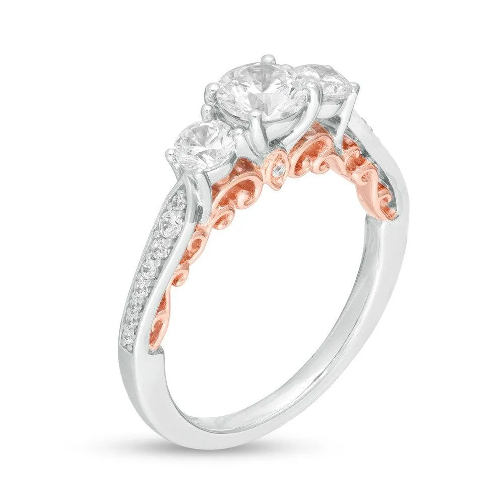 1-1/4 Cttw Diamond Three Stone Filigree Engagement Ring in 14K Two-Tone Gold (0.75 Cttw, Color : I, Clarity : I2)