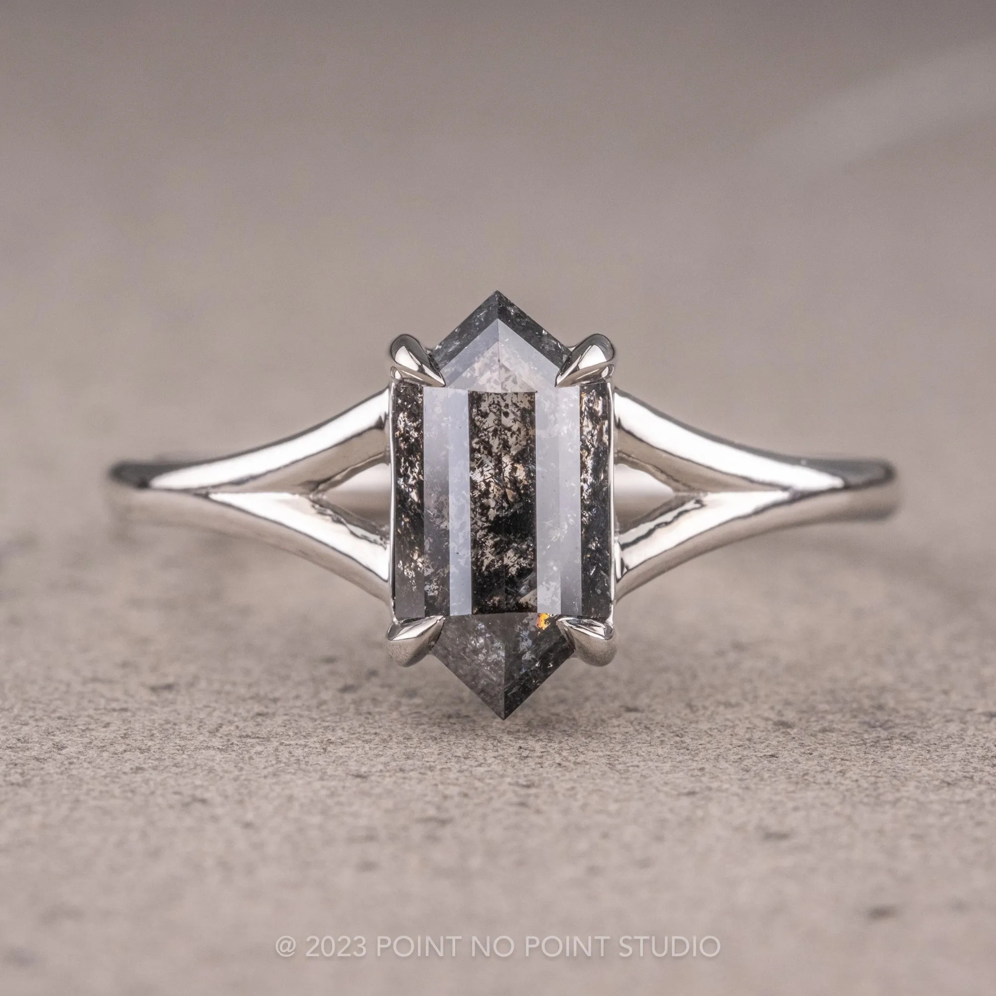 1 Carat Black Speckled Hexagon Diamond Engagement Ring, Split Shank Jane Setting, 14K White Gold