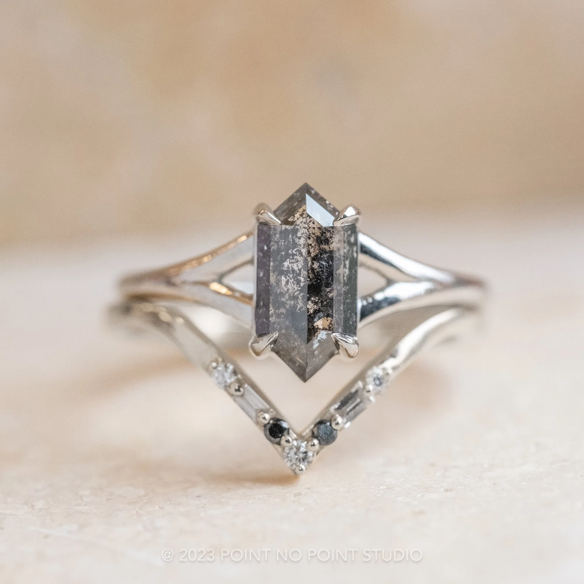 1 Carat Black Speckled Hexagon Diamond Engagement Ring, Split Shank Jane Setting, 14K White Gold