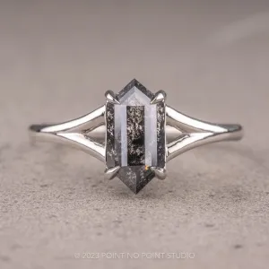 1 Carat Black Speckled Hexagon Diamond Engagement Ring, Split Shank Jane Setting, 14K White Gold