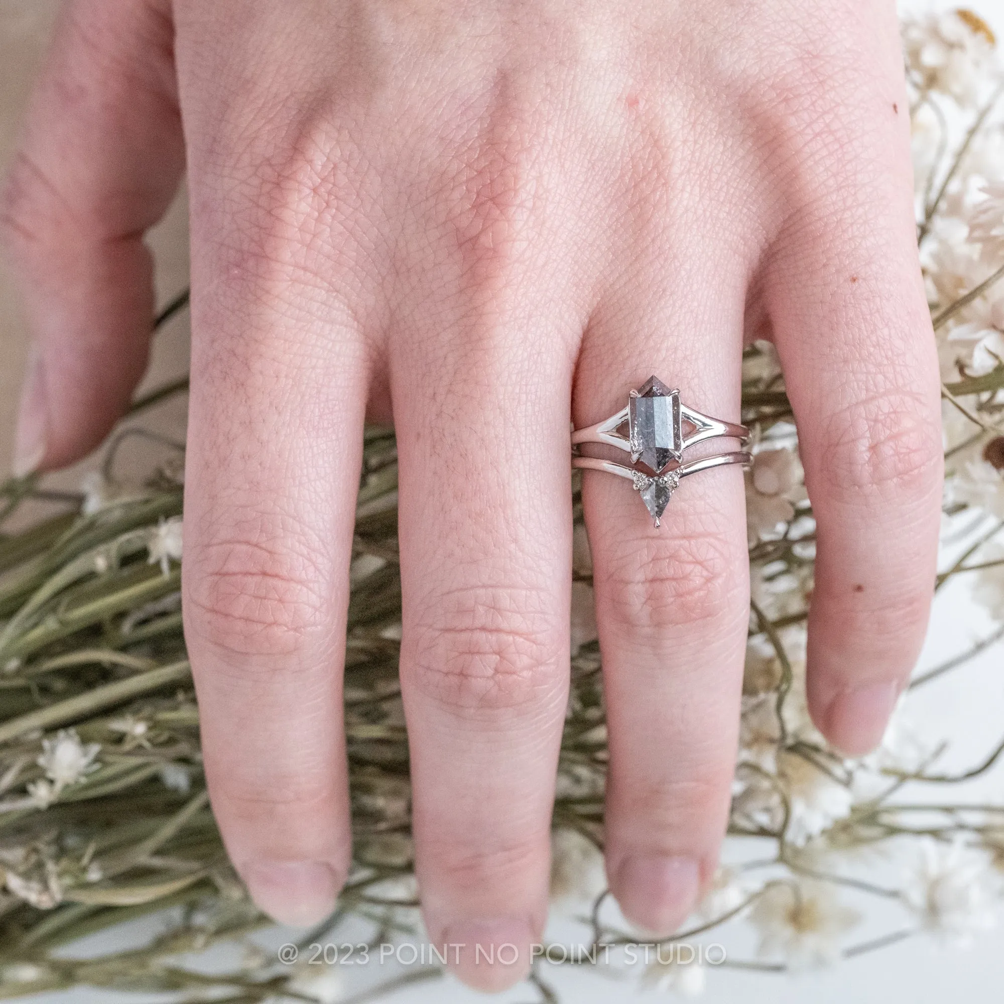 1 Carat Black Speckled Hexagon Diamond Engagement Ring, Split Shank Jane Setting, 14K White Gold