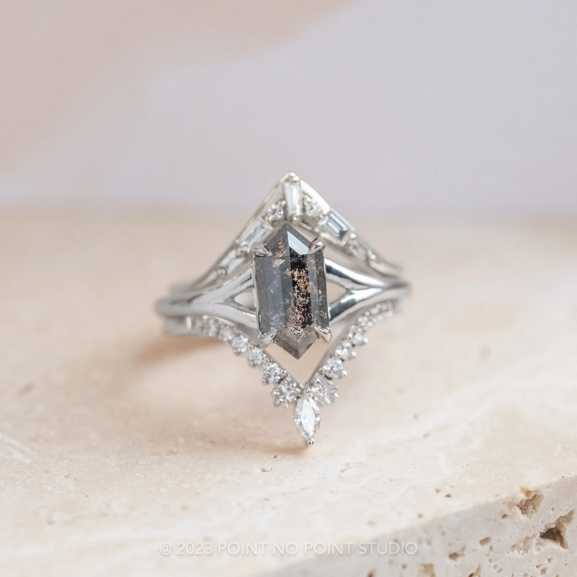 1 Carat Black Speckled Hexagon Diamond Engagement Ring, Split Shank Jane Setting, 14K White Gold