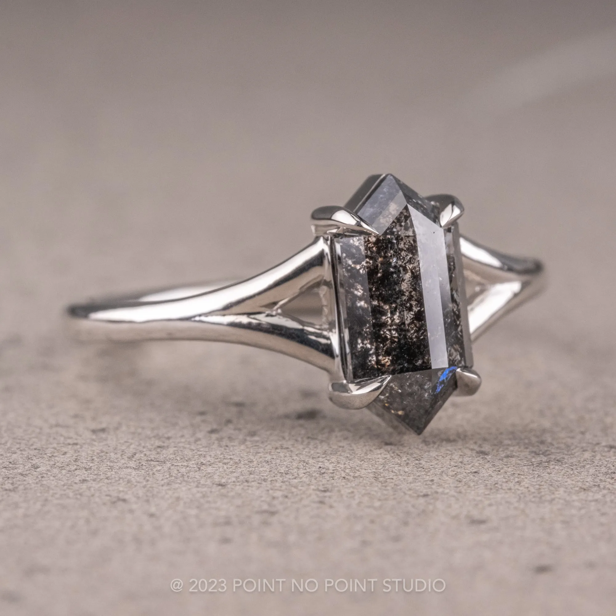 1 Carat Black Speckled Hexagon Diamond Engagement Ring, Split Shank Jane Setting, 14K White Gold