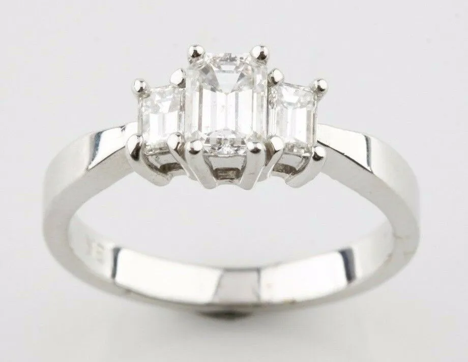1.00 carat Emerald Cut Diamond 18k White Gold 3-Stone Engagement Ring Size 6.5