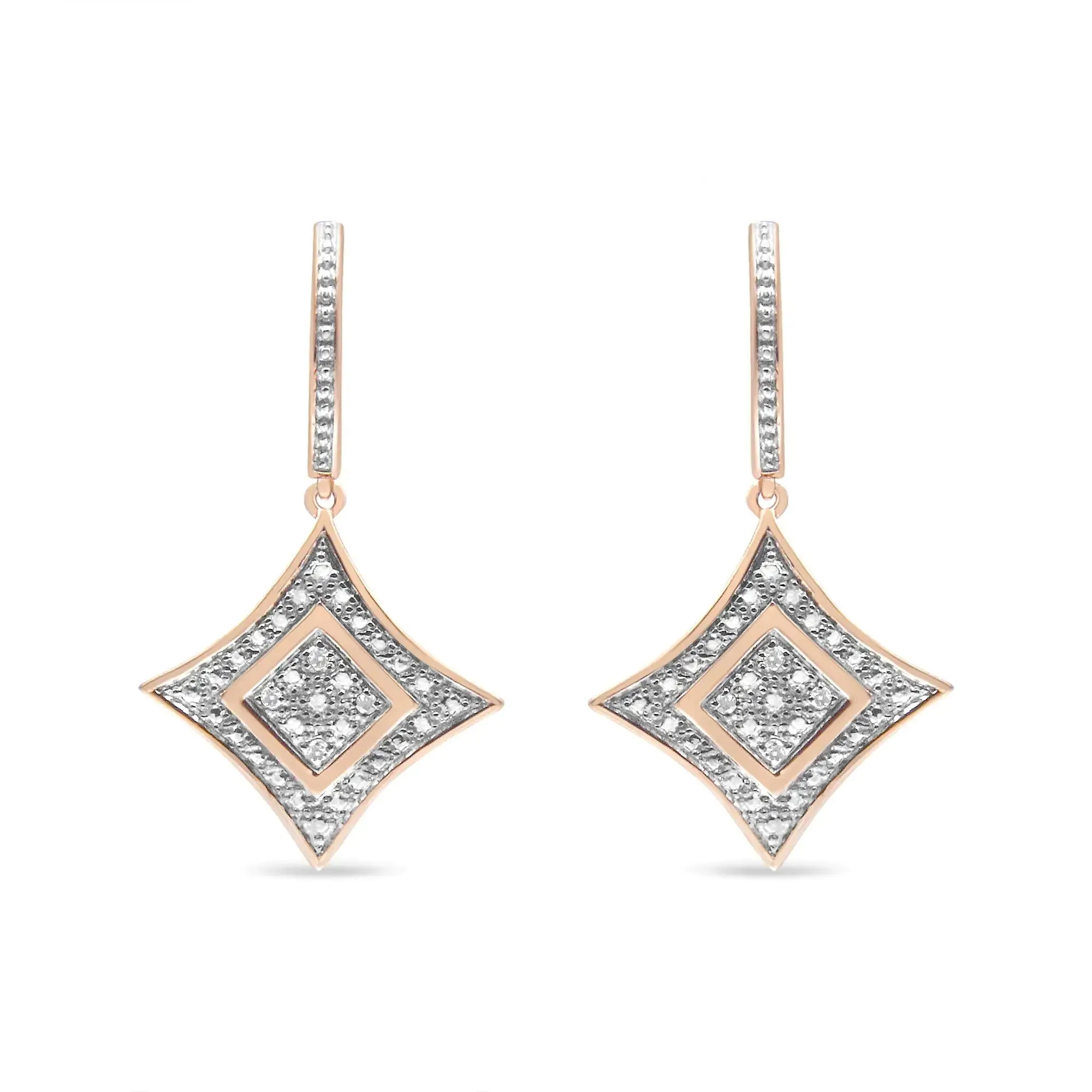 10K Rose Gold Plated Sterling Silver Round Cut Diamond Cushion Dangle Earrings (0.04 cttw, H-I Color, I2-I3 Clarity)