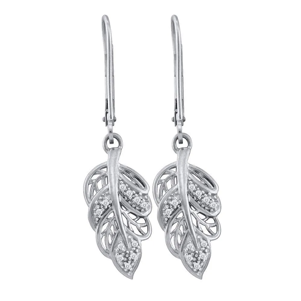 10K White Gold Round Diamond Dangle Leaf Leaves Wire Earrings 1/20 Cttw
