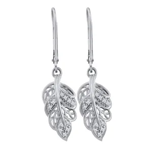 10K White Gold Round Diamond Dangle Leaf Leaves Wire Earrings 1/20 Cttw