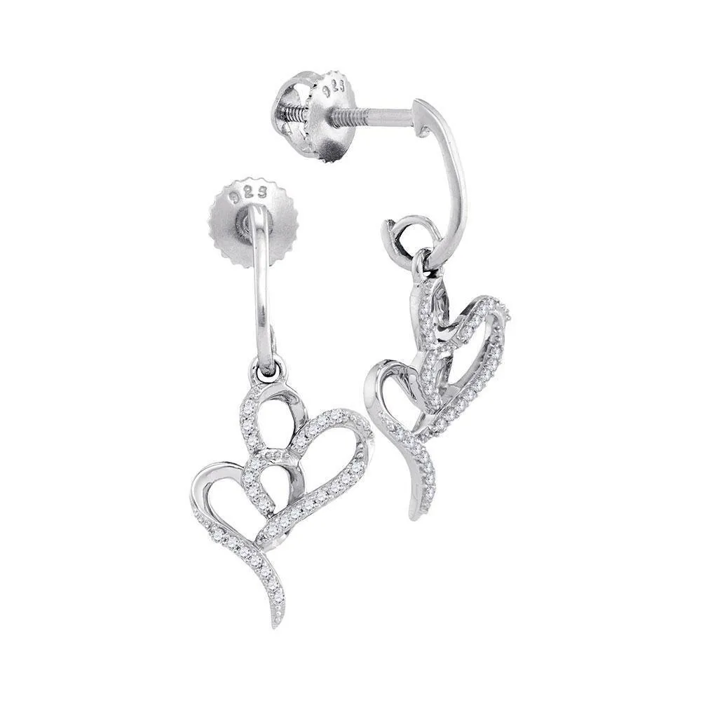 10K White Gold Round Diamond Double Heart Dangle Earrings 1/6 Cttw