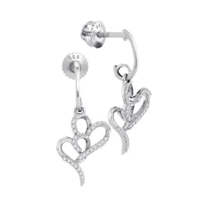 10K White Gold Round Diamond Double Heart Dangle Earrings 1/6 Cttw