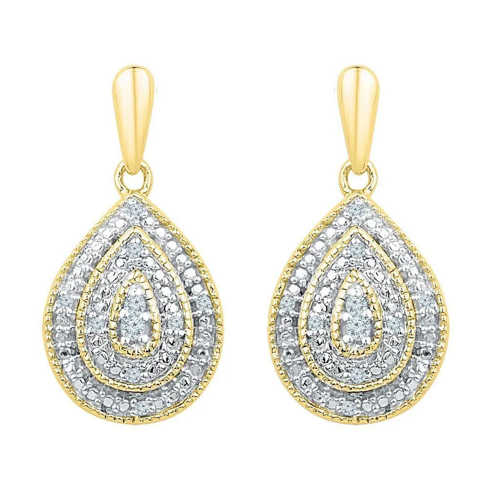 10K Yellow Gold Round Diamond Milgrain Teardrop Screwback Dangle Earrings 1/10 Cttw