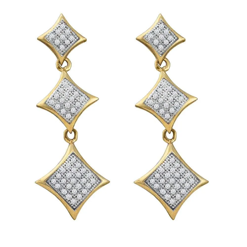 10K Yellow Gold Round Diamond Triple Square Kite Dangle Earrings 1/3 Cttw