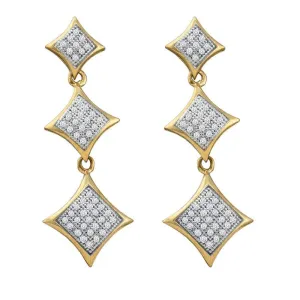 10K Yellow Gold Round Diamond Triple Square Kite Dangle Earrings 1/3 Cttw