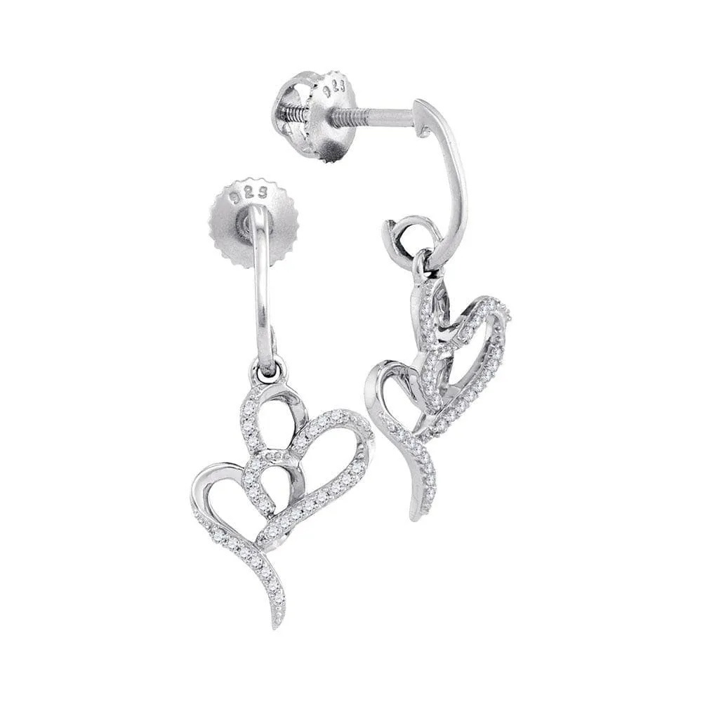 10kt White Gold Womens Round Diamond Double Heart Dangle Earrings 1/6 Cttw