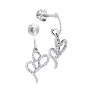10kt White Gold Womens Round Diamond Double Heart Dangle Earrings 1/6 Cttw