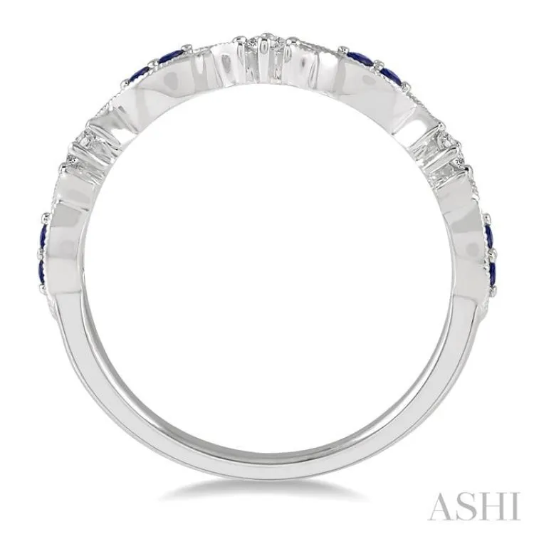 1.35 MM Round Cut Sapphire and 1/10 ctw Round Cut Diamond Precious Half Eternity Wedding Band in 10K White Gold
