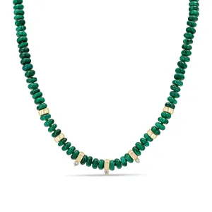 14k Gold & Malachite Rondelle Bead Necklace with 3 Prong Diamonds