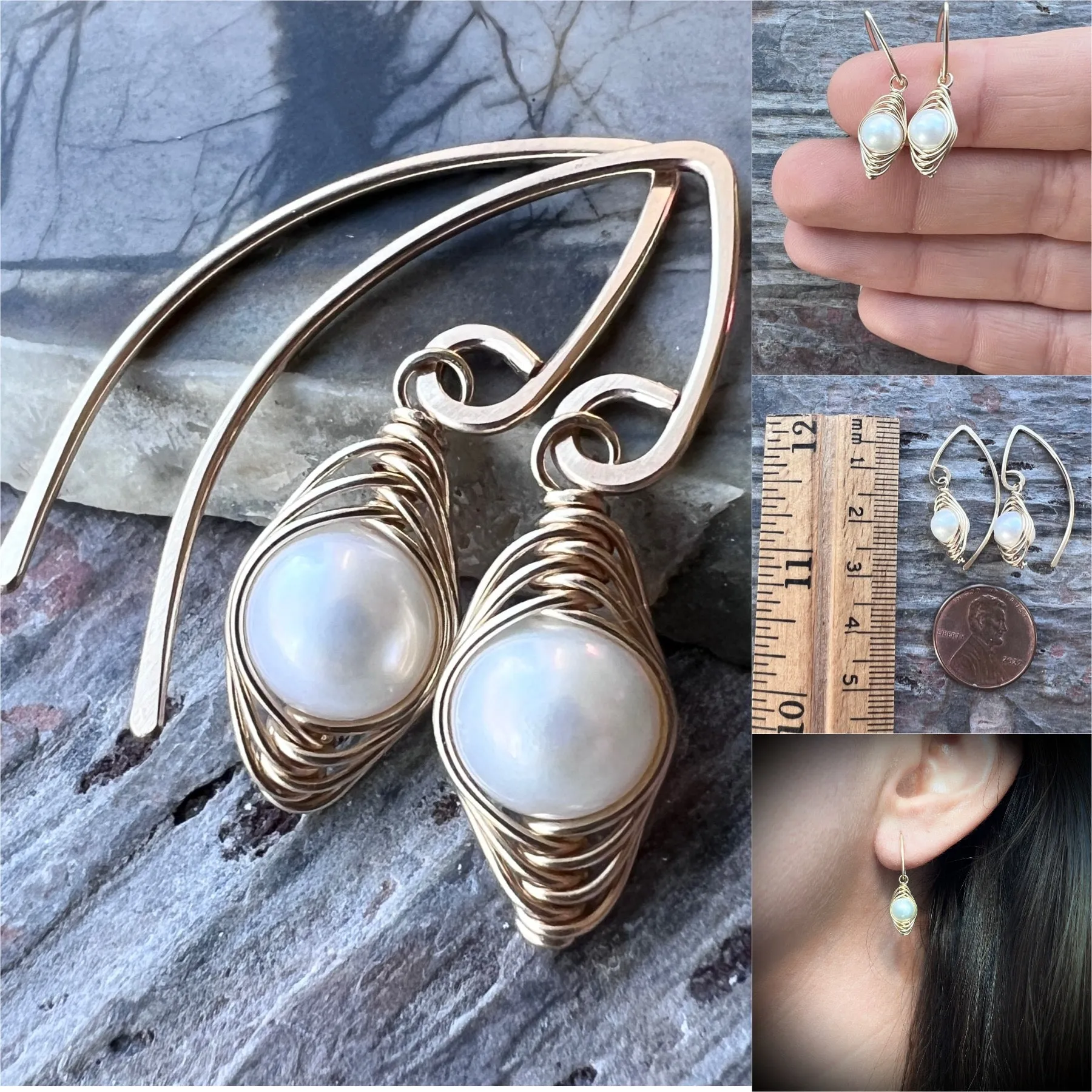 14K Goldfill Pearl Earrings | Genuine Pearl Gold Filled Wire-wrapped Dangle Earrings