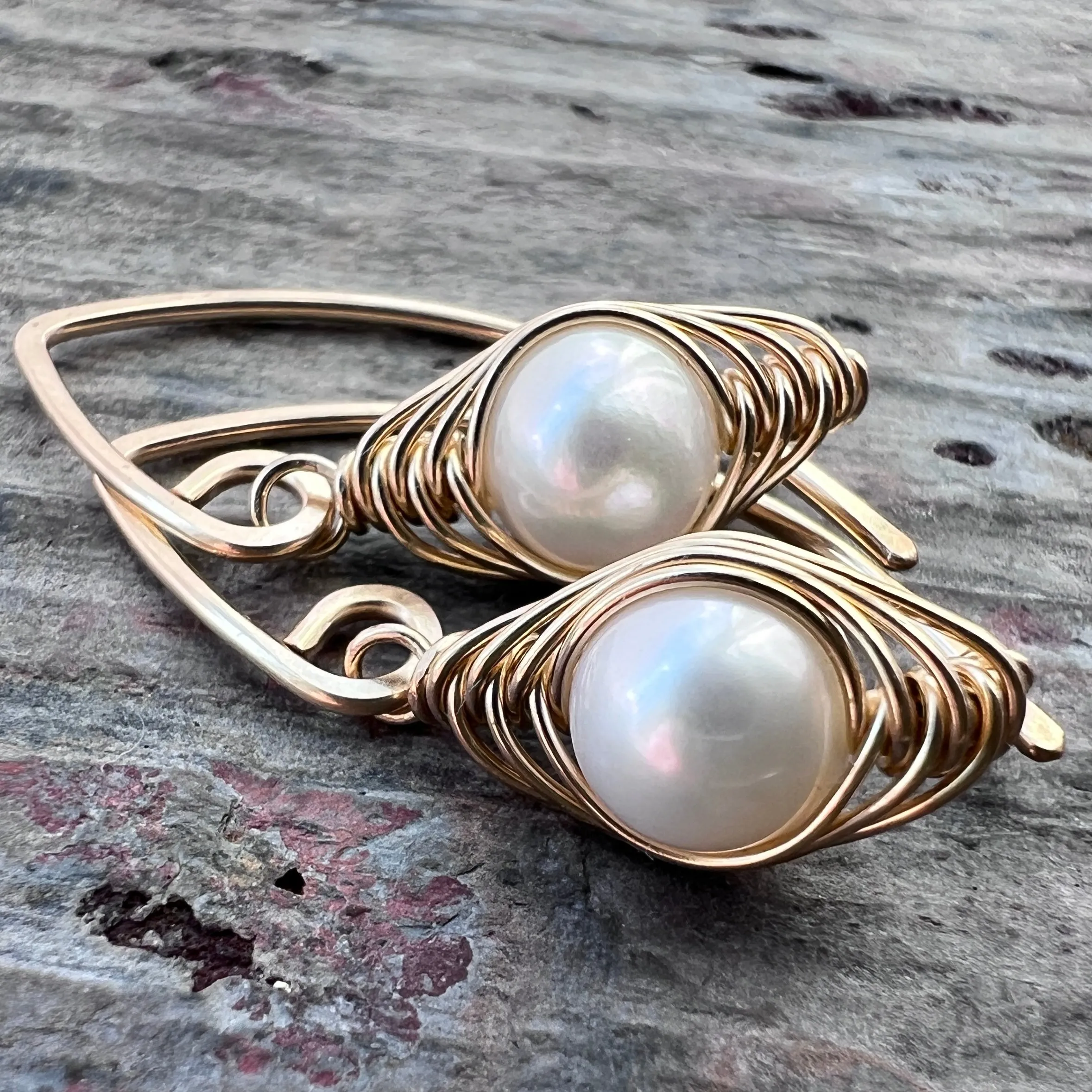 14K Goldfill Pearl Earrings | Genuine Pearl Gold Filled Wire-wrapped Dangle Earrings