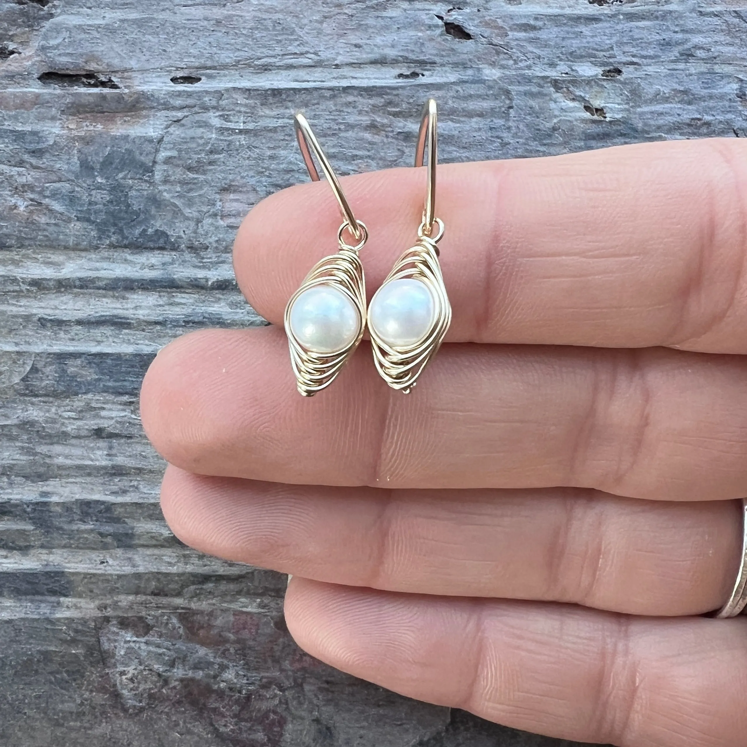 14K Goldfill Pearl Earrings | Genuine Pearl Gold Filled Wire-wrapped Dangle Earrings