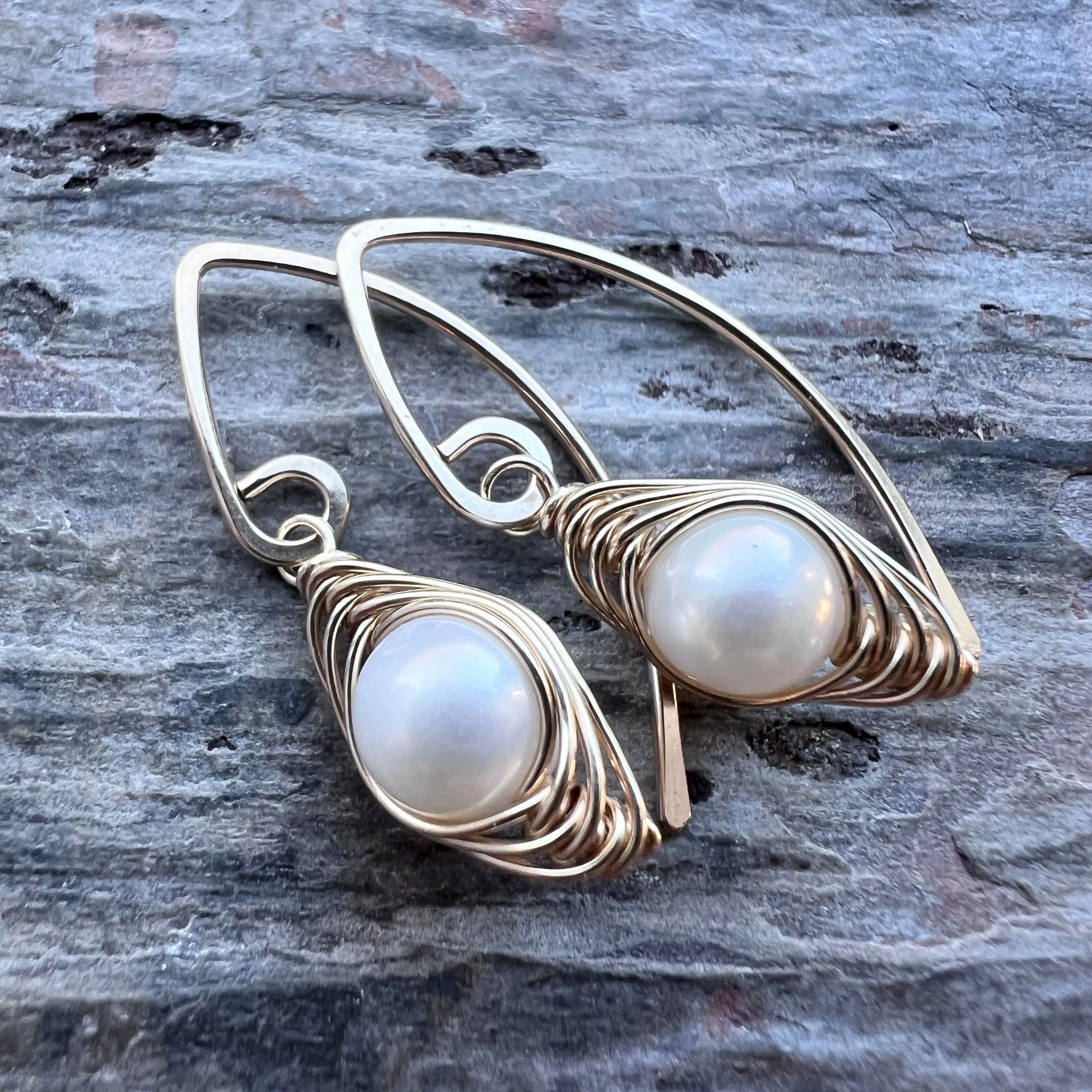 14K Goldfill Pearl Earrings | Genuine Pearl Gold Filled Wire-wrapped Dangle Earrings
