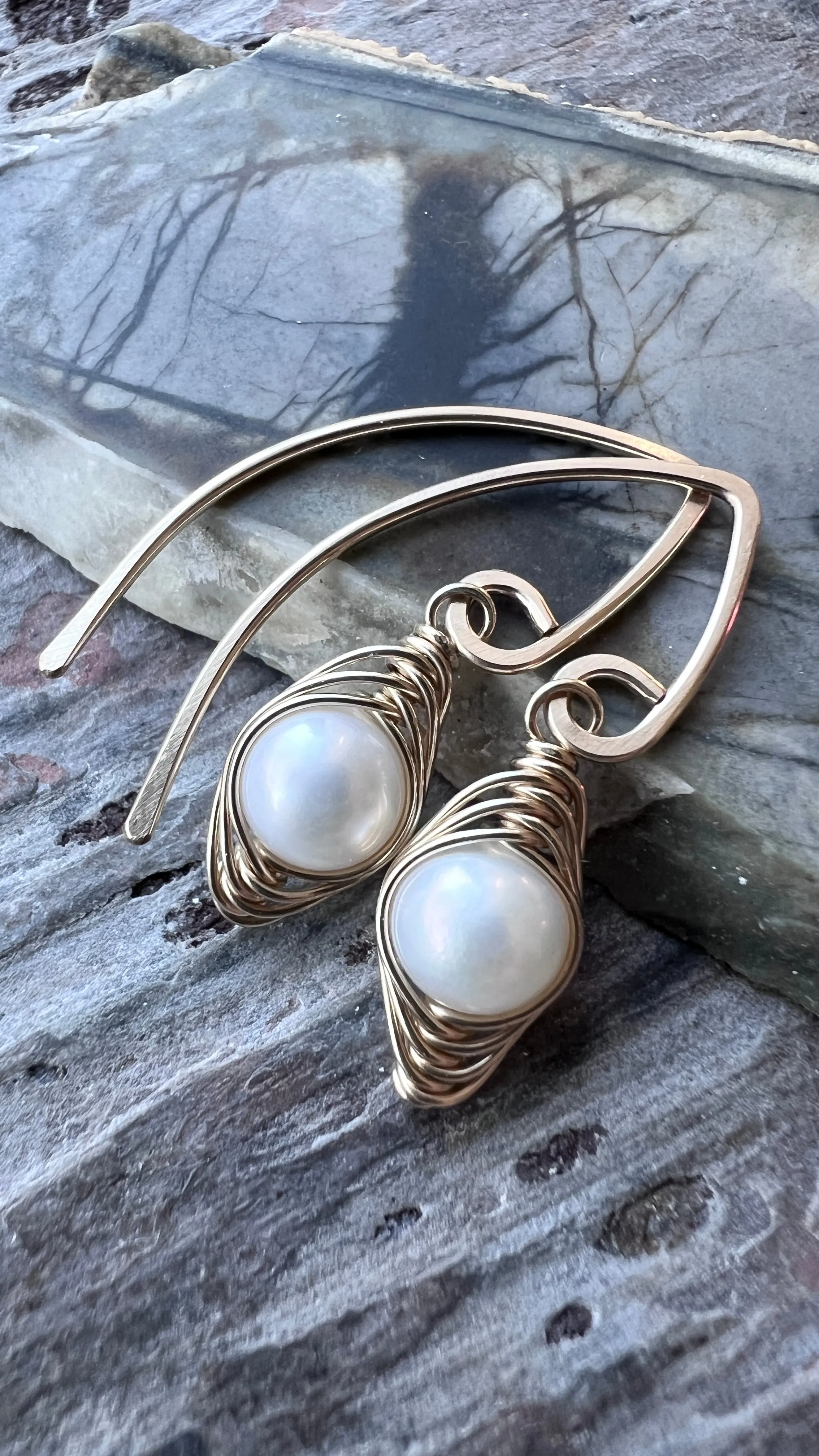 14K Goldfill Pearl Earrings | Genuine Pearl Gold Filled Wire-wrapped Dangle Earrings