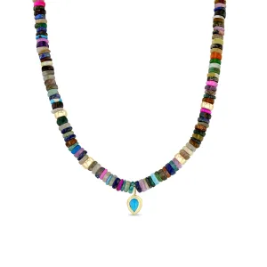 14k Mixed Dark Gemstone Rondelle Bead Necklace with Pear Turquoise Pendant