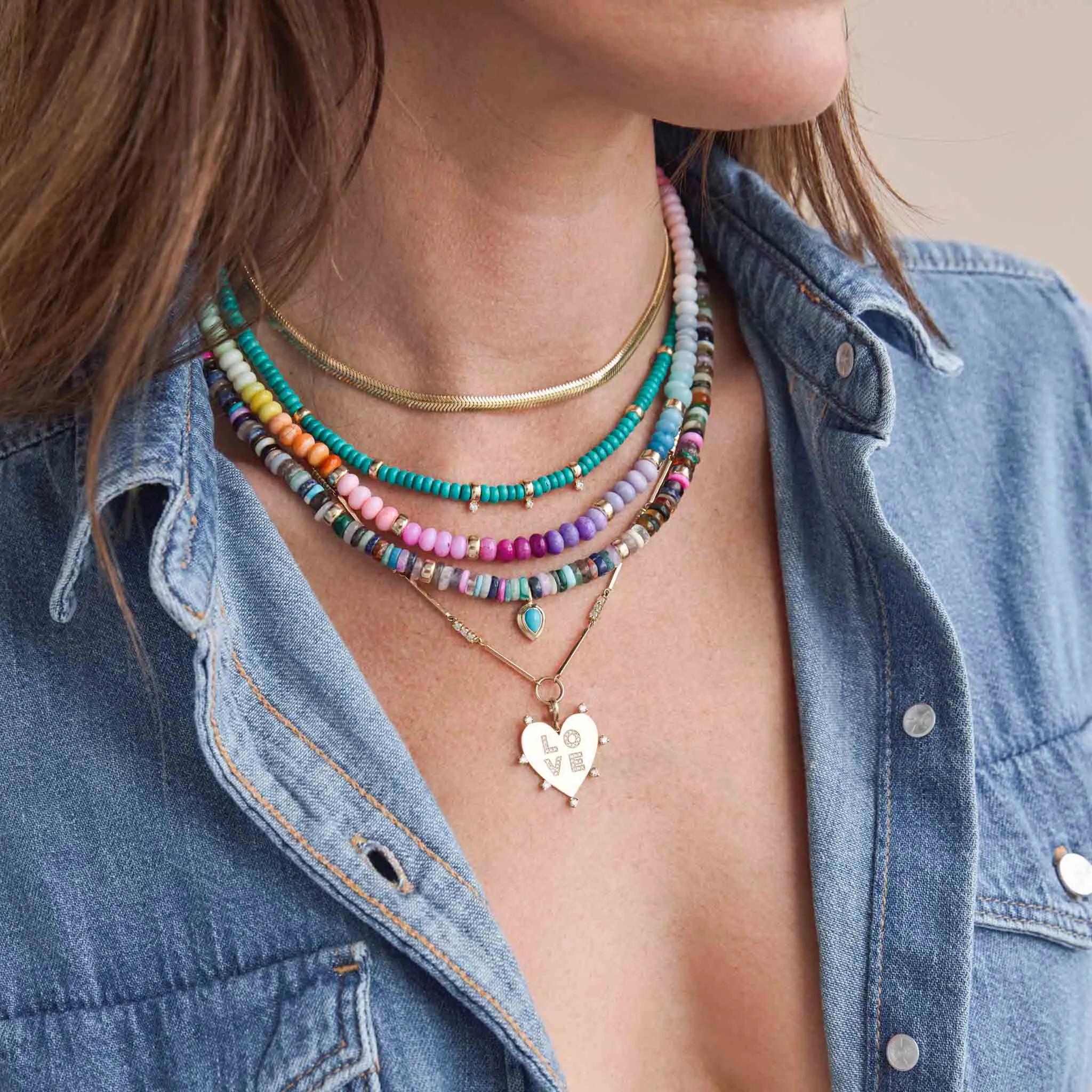14k Mixed Dark Gemstone Rondelle Bead Necklace with Pear Turquoise Pendant