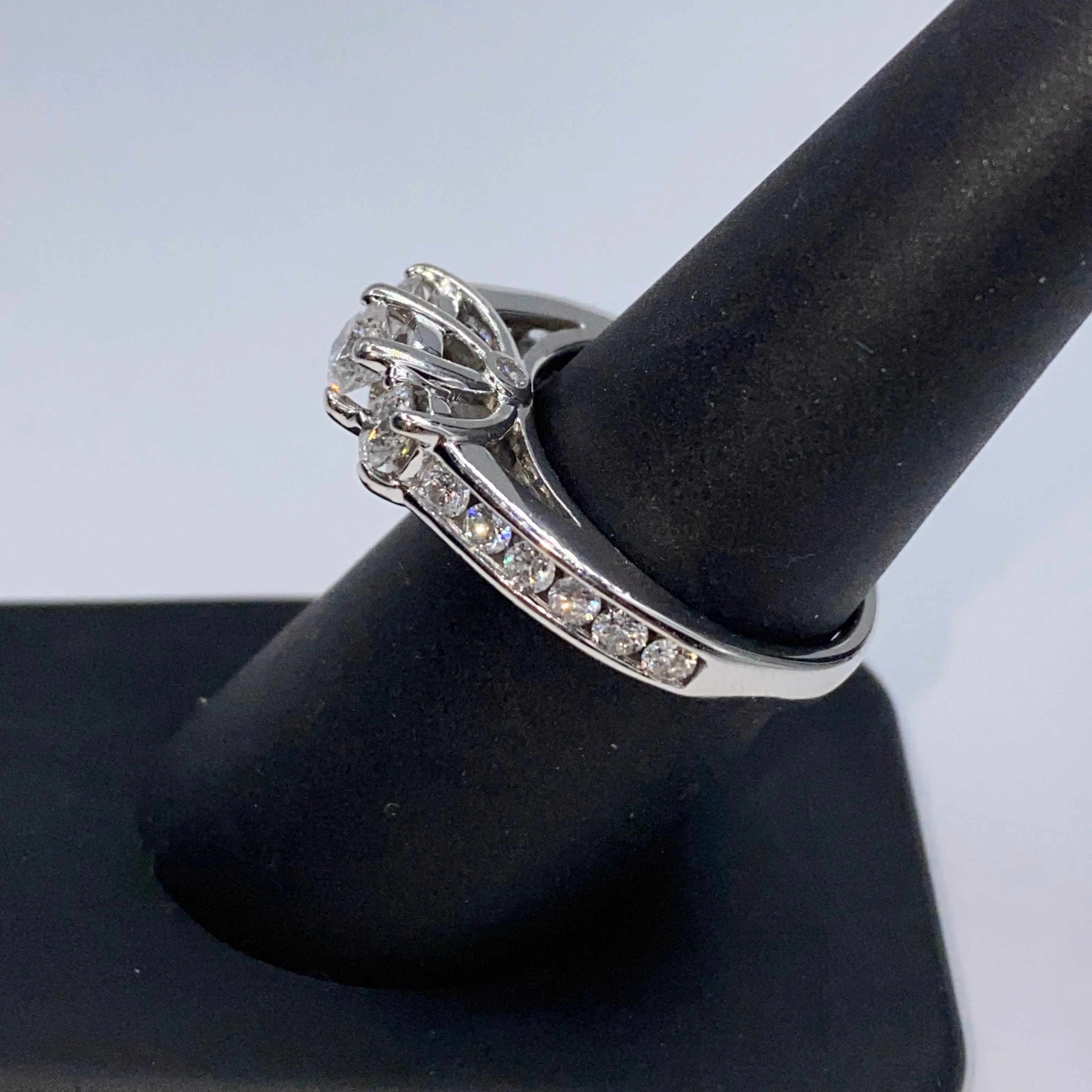 14K Three Stone Pave Diamond Engagement Ring