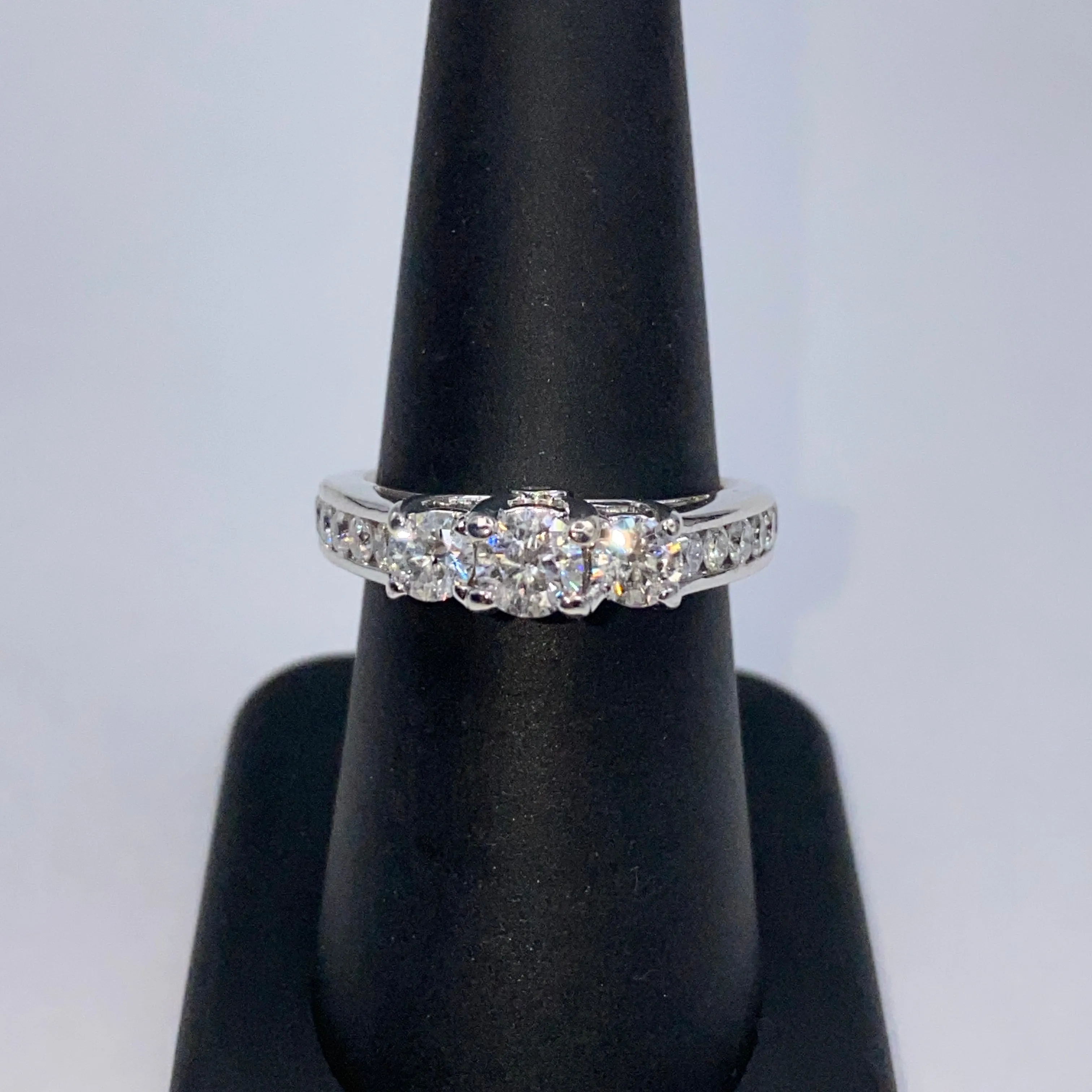 14K Three Stone Pave Diamond Engagement Ring