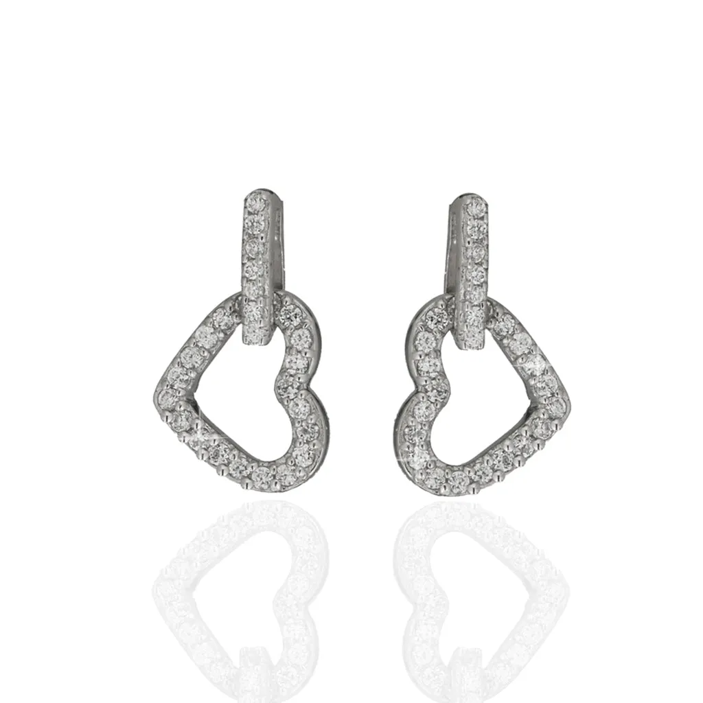 14K White Gold Cubic Zirconia Heart Drop Earrings