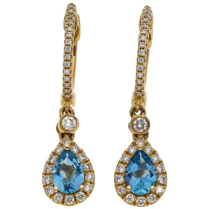14K Yellow Gold Pear Shaped Aquamarine & Diamond Dangle Earrings