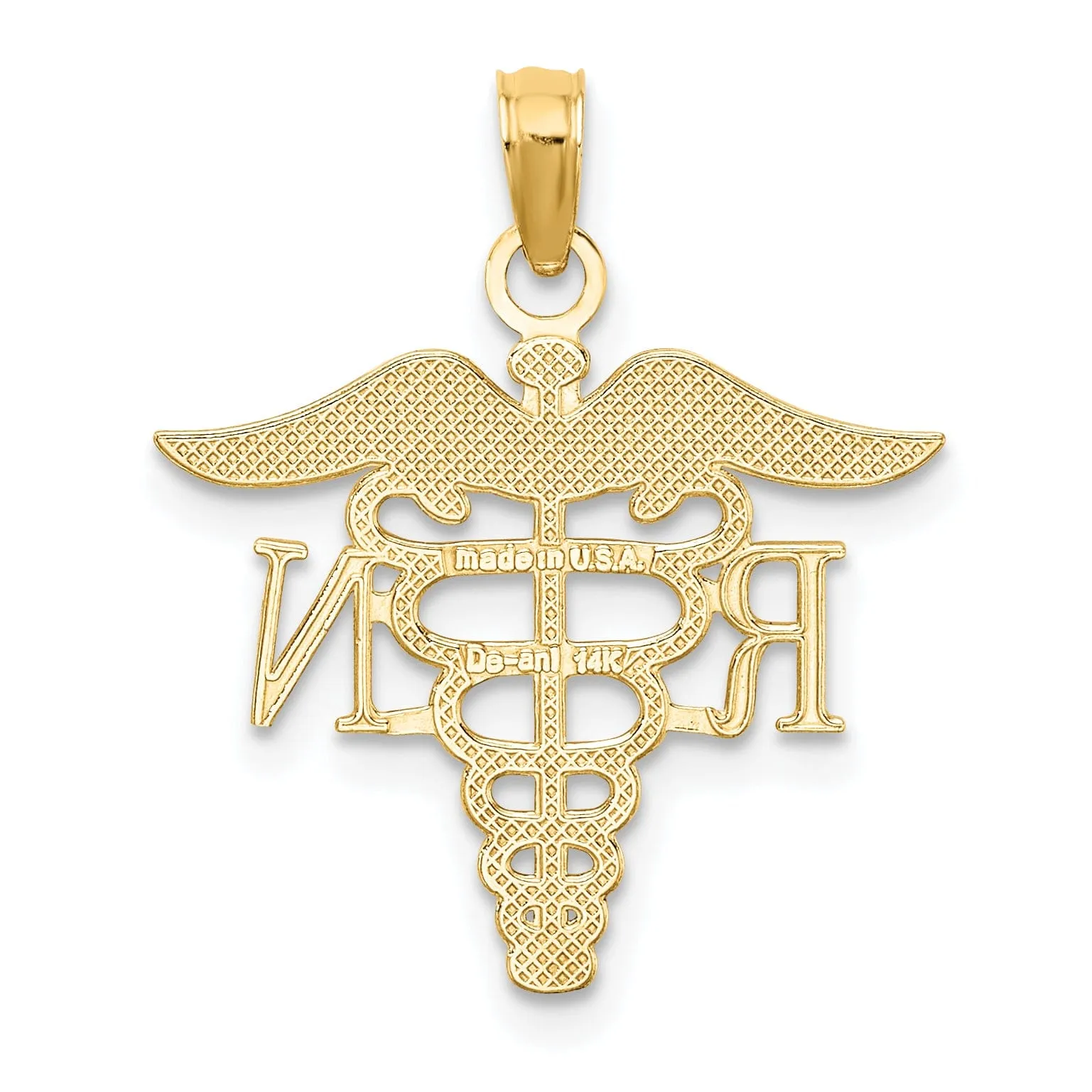14k Yellow Gold Textured Polished Finish R.N Caduceus Charm Pendant