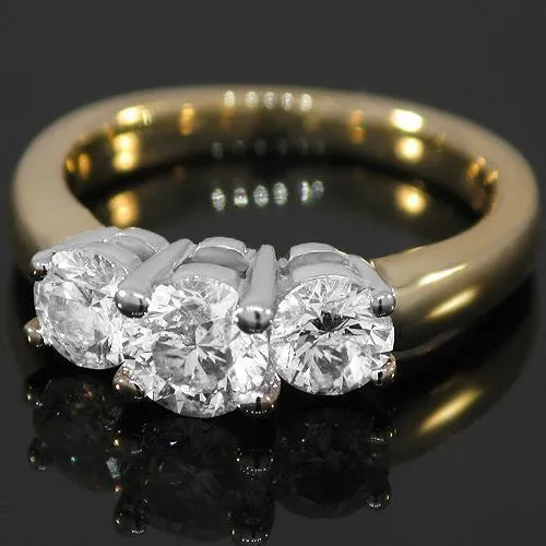 14K Yellow Solid Gold Three Stone Diamond Anniversary Ring 1.10 Ctw