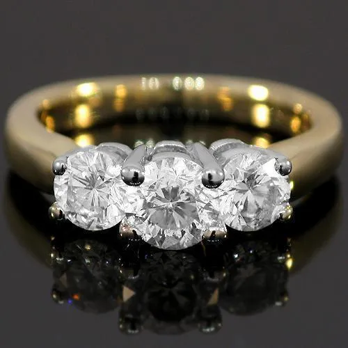 14K Yellow Solid Gold Three Stone Diamond Anniversary Ring 1.10 Ctw