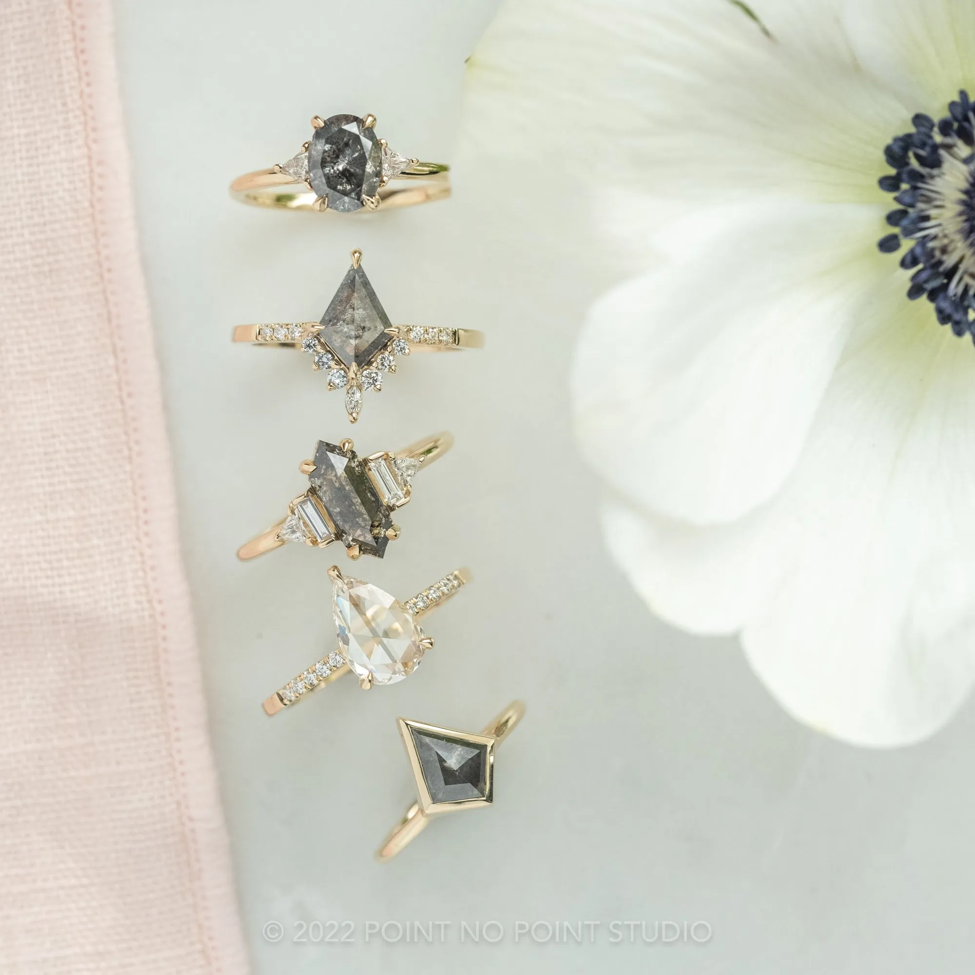 1.53 Carat Salt and Pepper Kite Diamond Engagement Ring, Bezel Jane Setting, 14k Yellow Gold