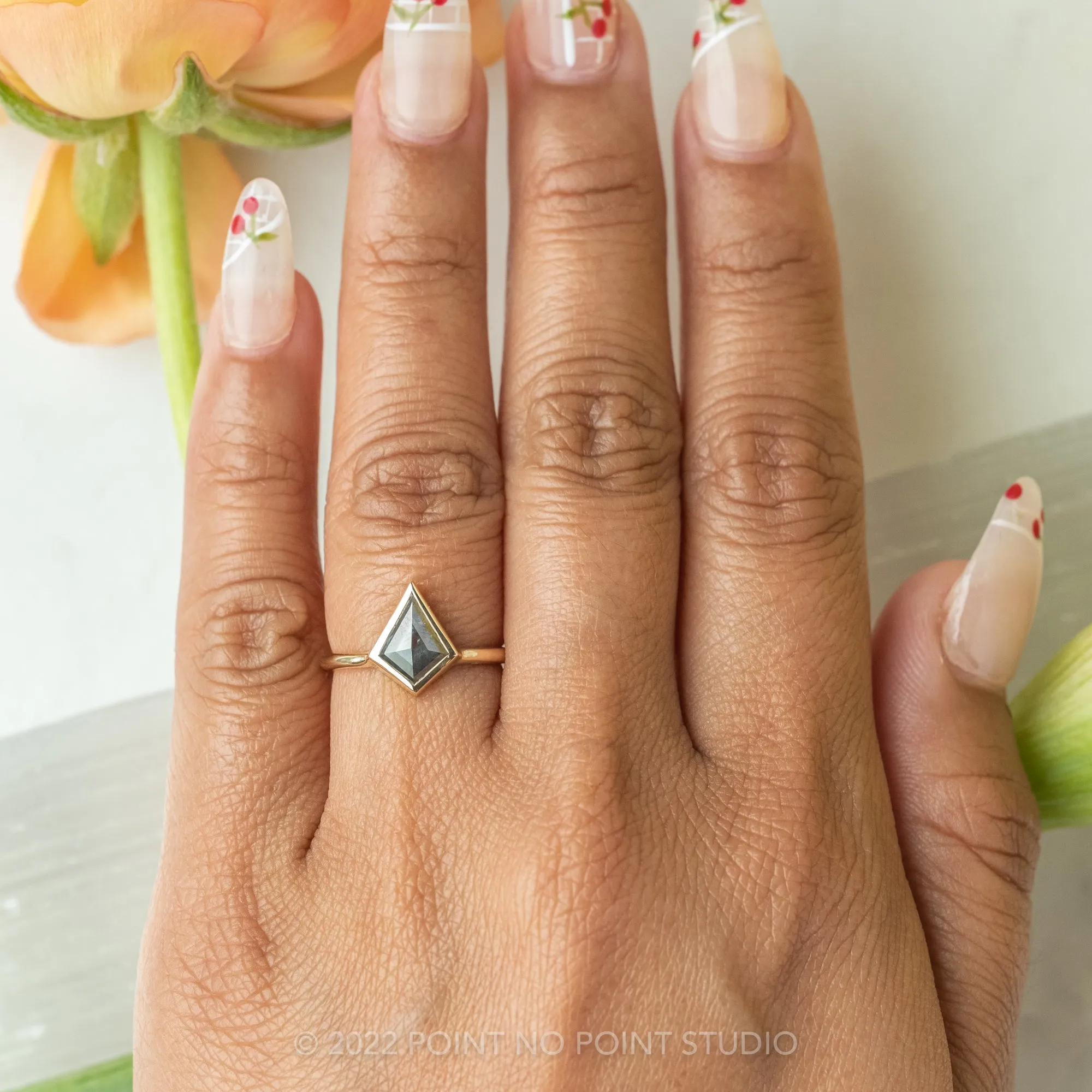 1.53 Carat Salt and Pepper Kite Diamond Engagement Ring, Bezel Jane Setting, 14k Yellow Gold