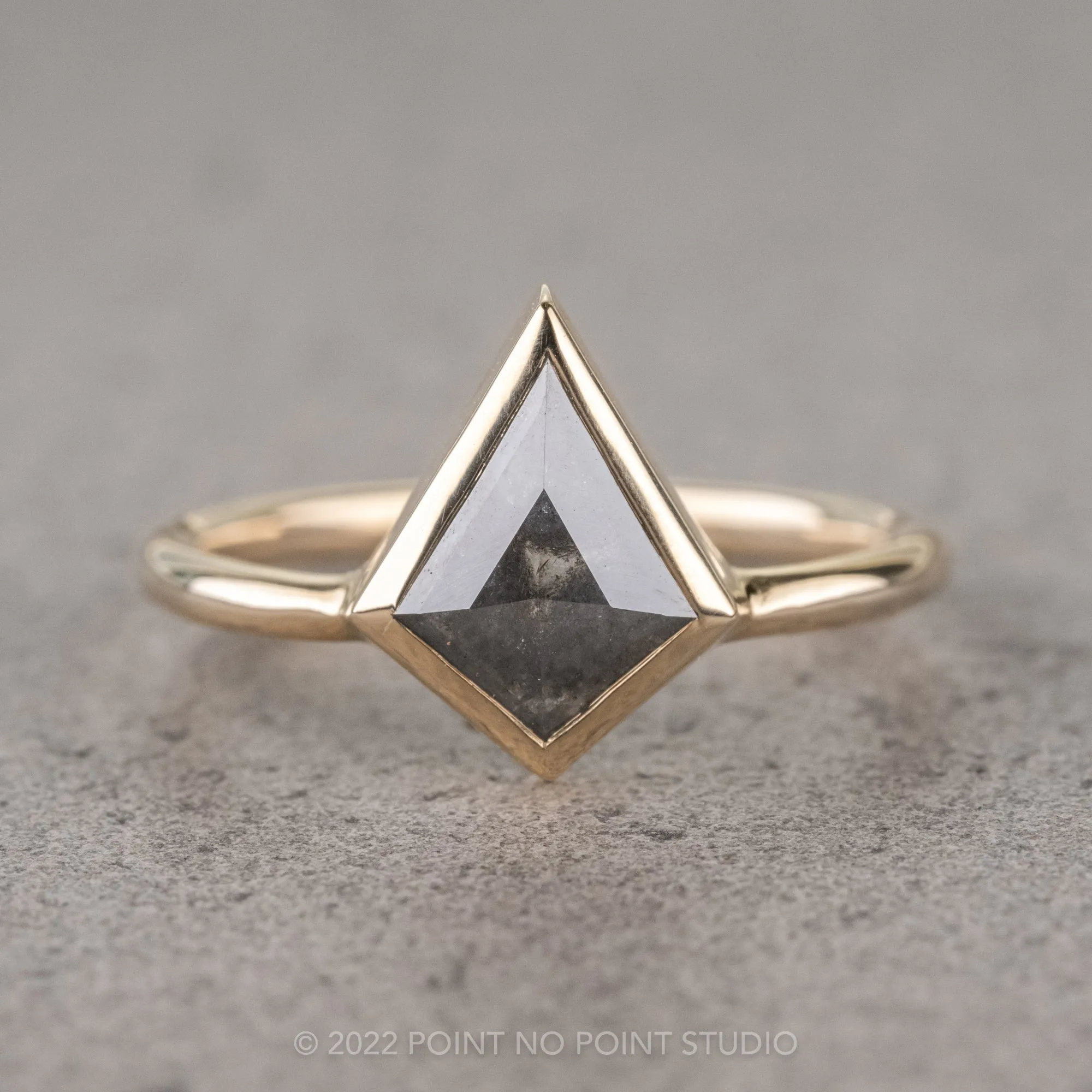 1.53 Carat Salt and Pepper Kite Diamond Engagement Ring, Bezel Jane Setting, 14k Yellow Gold