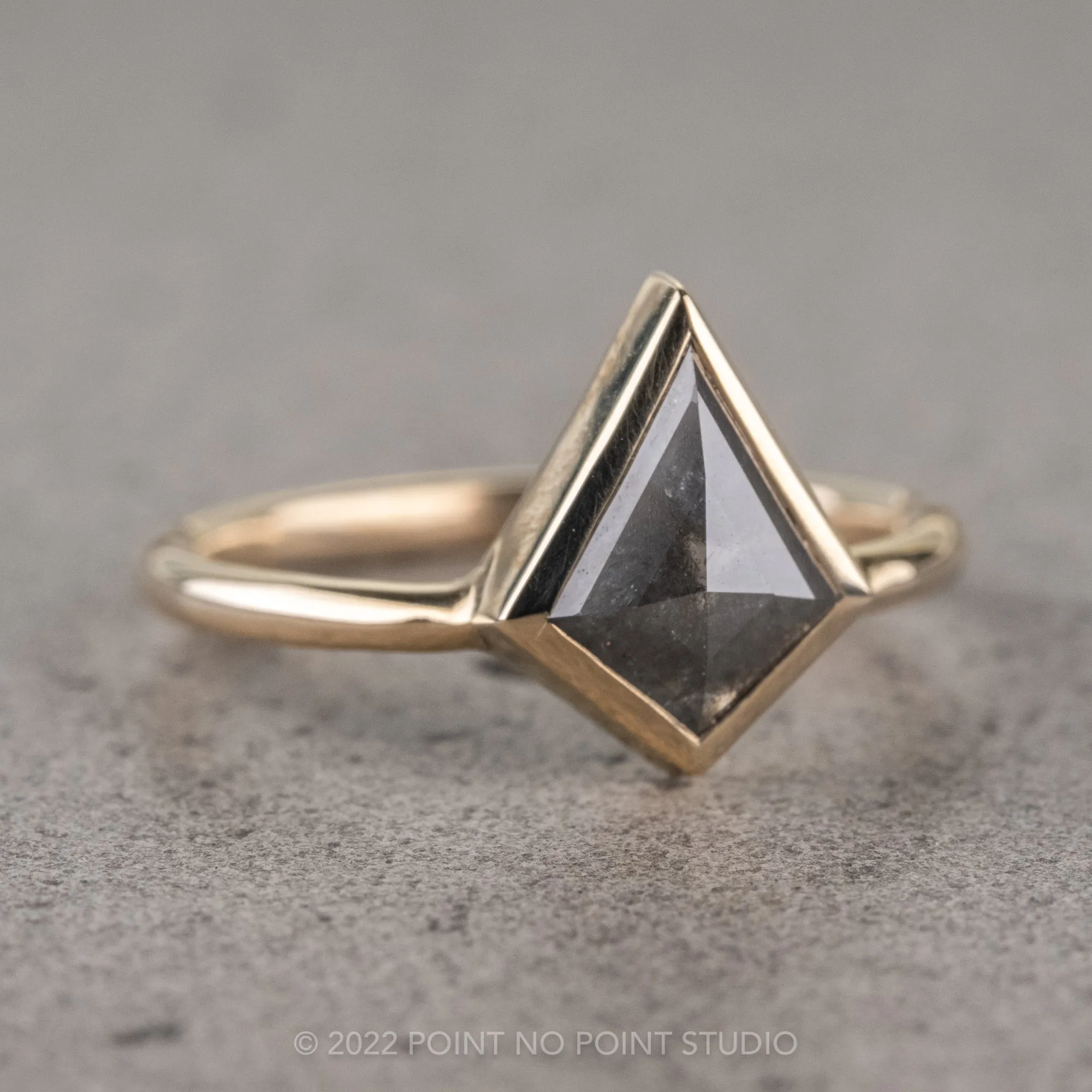 1.53 Carat Salt and Pepper Kite Diamond Engagement Ring, Bezel Jane Setting, 14k Yellow Gold