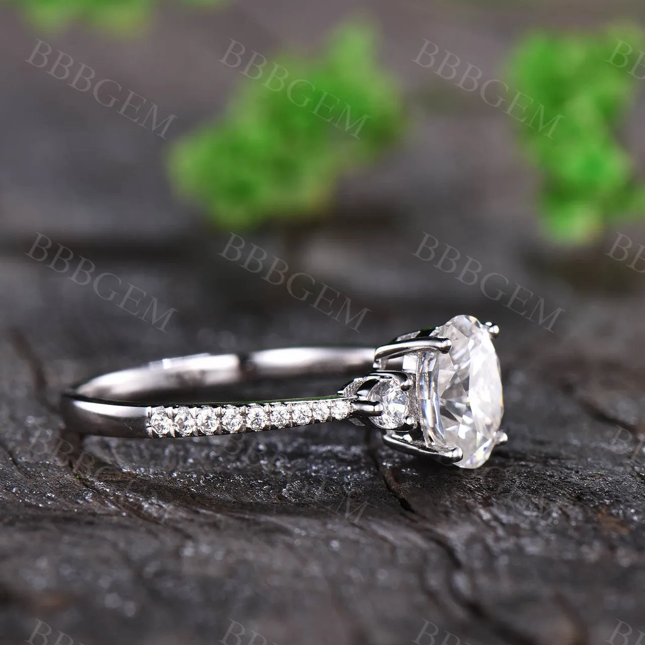 1.5CT Three Stone Oval Cut Moissanite Engagement Ring Solid White Gold