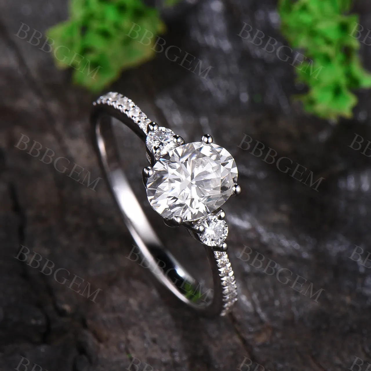 1.5CT Three Stone Oval Cut Moissanite Engagement Ring Solid White Gold
