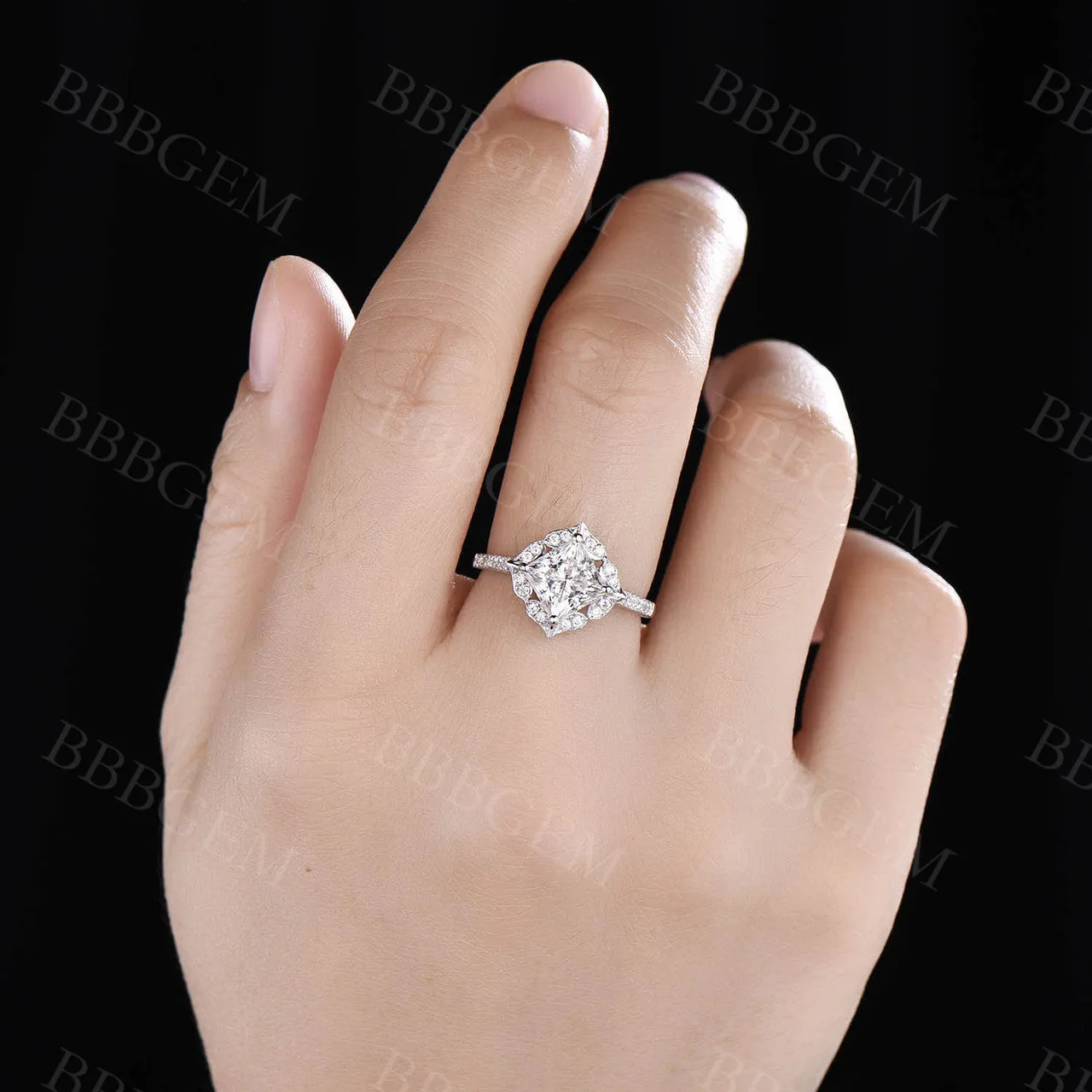 1.7CT Vintage Princess Cut Moissanite Engagement Ring White Gold Half Eternity Moissanite Wedding Band