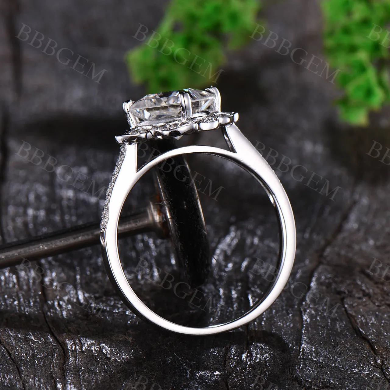 1.7CT Vintage Princess Cut Moissanite Engagement Ring White Gold Half Eternity Moissanite Wedding Band