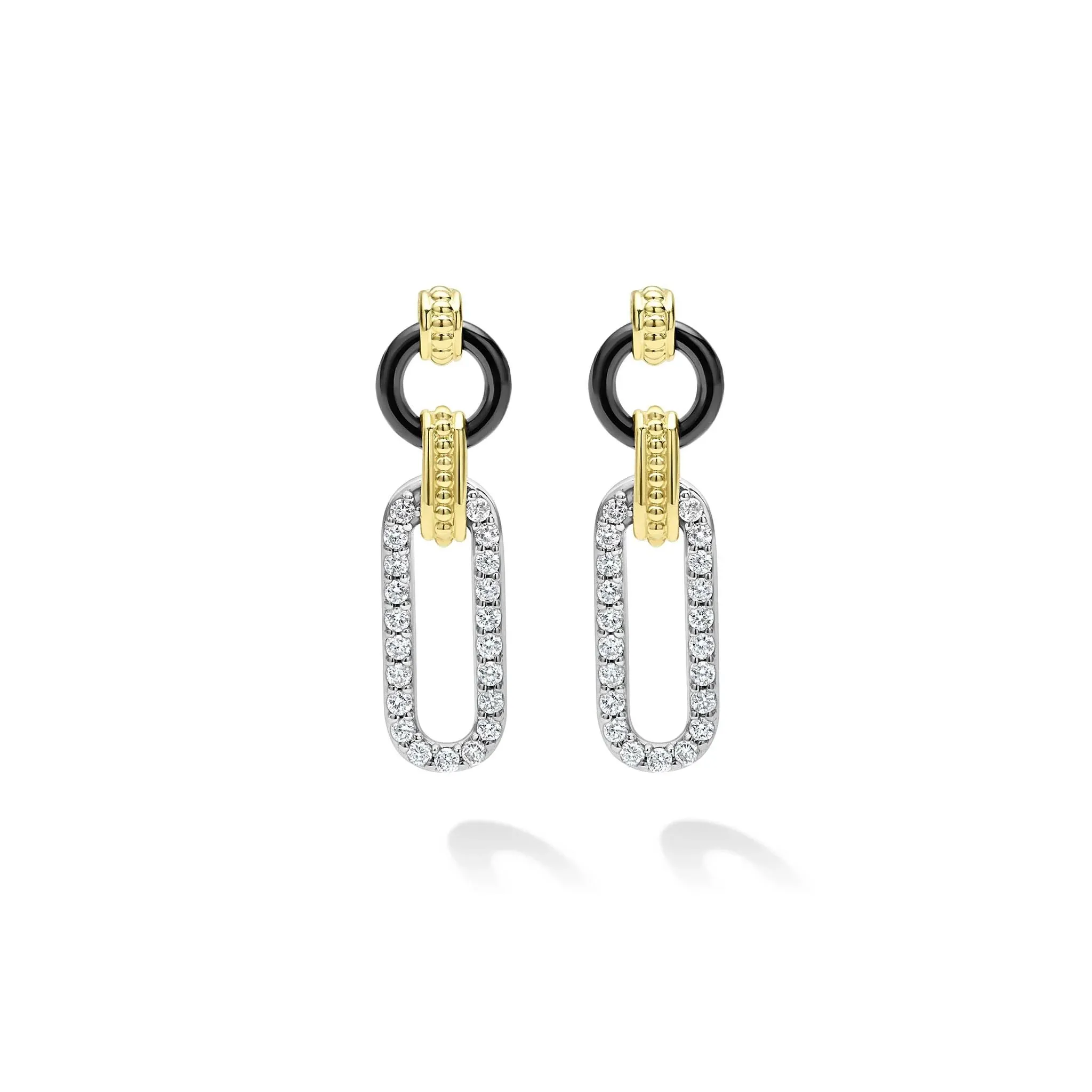 18K Gold and Black Ceramic Diamond Link Drop Earrings