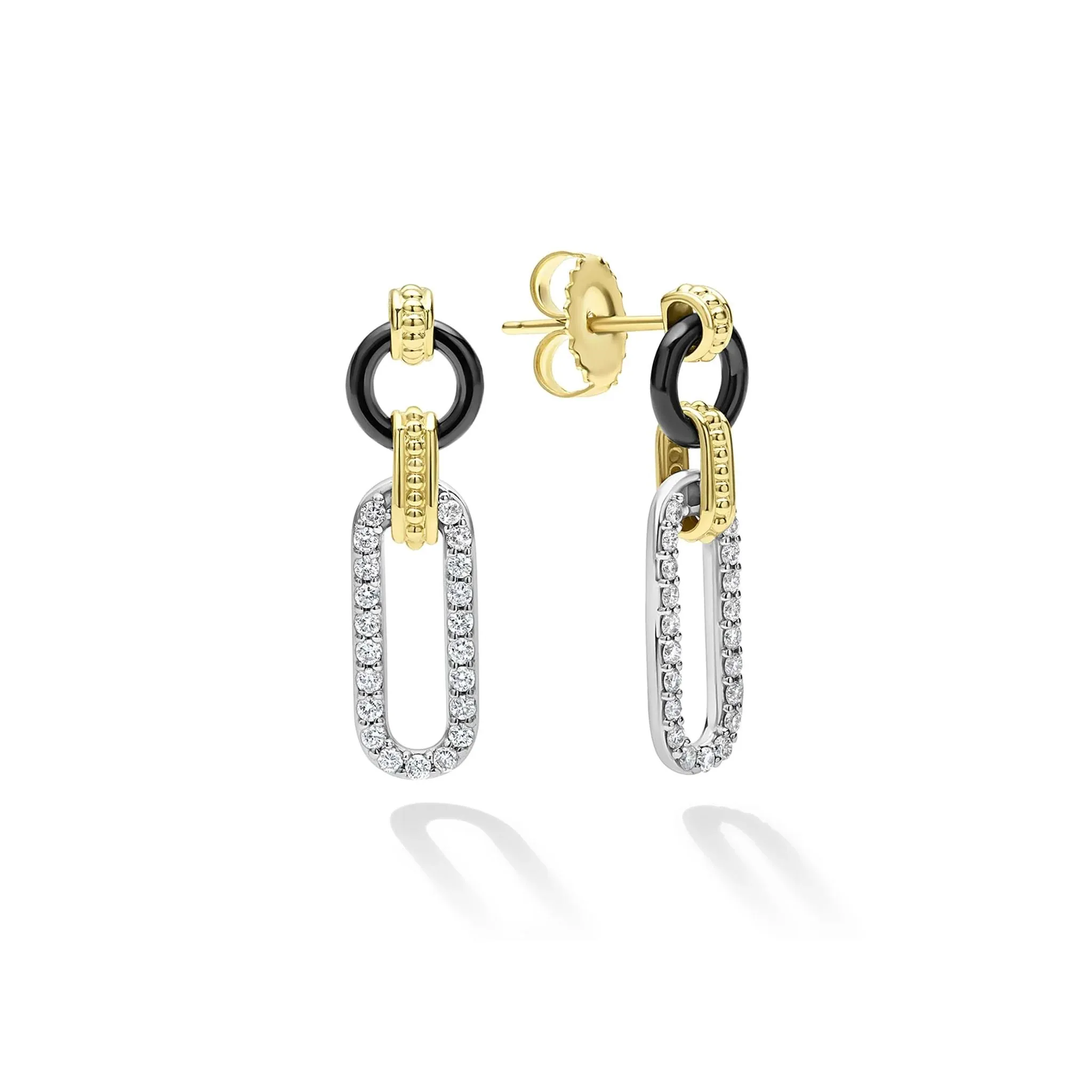 18K Gold and Black Ceramic Diamond Link Drop Earrings