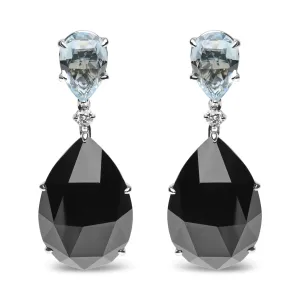 18K White Gold 1/5 Cttw Diamond with Pear Cut Sky Blue Topaz and Pear-Cut Black Onyx Gemstone Dangle Earring (G-H Color, SI1-SI2 Clarity)