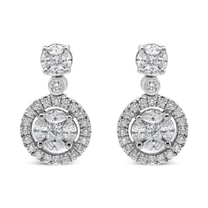 18K White Gold 2.0 Cttw Round Shape Diamond Composite Halo Dangle Stud Earring (F-G Color, VS1-VS2 Clarity)